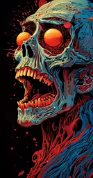 a scary skeleton with a blue and red head