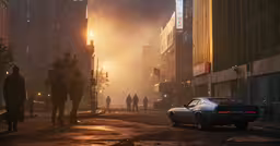 a group of people stand on the street next to a car,the fire is burning and people standing on the street