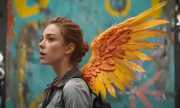 a woman with yellow and orange wings standing near a blue wall