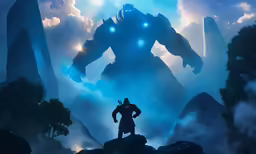 a man standing in front of a giant robot in the sky