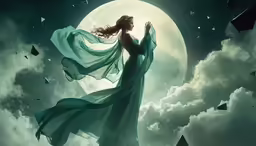 a woman in green with flying shapes in her hair