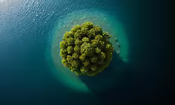 a single green tree stands in the middle of a body of water