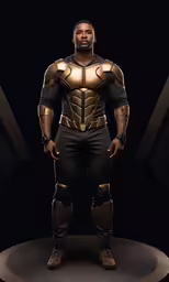 the man in a metallic suit stands against a black backdrop