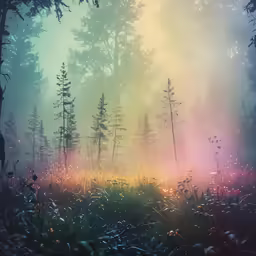 an image of trees and grass in the fog