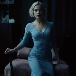 woman in long dress posing on a bed
