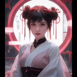 there is a girl with dark hair and bangs, standing next to a red circle