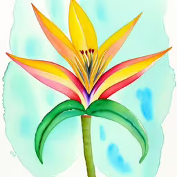 a painting of a colorful flower with green leaves,colorful flower with leaves painted in bright colors