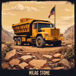 a large yellow dump truck with the flag in the back,a yellow dump truck is sitting on the dirt near a mountain