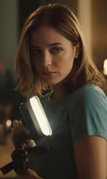 a woman holding a light up to her face