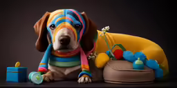 dog lying next to stuffed toy with gifts on black background
