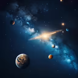 a planetary scene with the sun, planets and stars