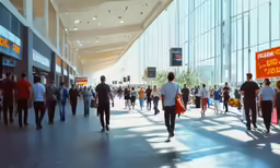 large crowd walking around inside an airport terminal