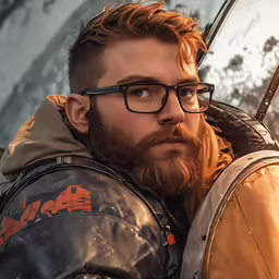 a man with glasses, jacket and bow holds a backpack