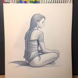 a drawing of a woman sitting in the sun,the drawing of a young woman sitting on the ground is framed by colored pencils
