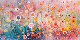 painting depicting multicolored flowers in water droplets
