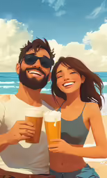 a painting of two people drinking on the beach