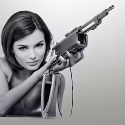 an attractive lady holding a camera and holding the rifle