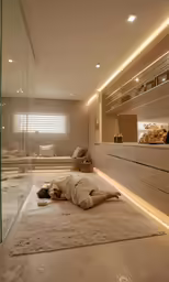 the person is on the floor sleeping with a bright light on