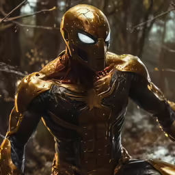 the face and shoulders of a man wearing gold armor and helmet in the woods