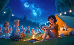 many people are gathered around bonfires as they watch the full moon
