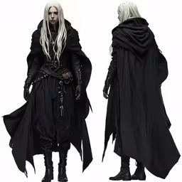 male dark elf in black cloak with long hair and long boots
