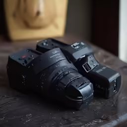 three different cameras are lying on a table