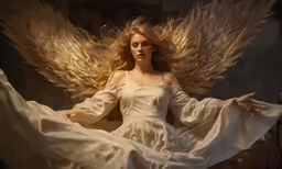 a woman with wings floating in a body of water
