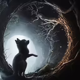 a black cat sits on his hind legs in the dark woods