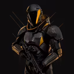 a computer art piece that shows a person with weapons and armor