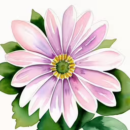 a flower on a white background with green leaves,a watercolor painting of a pink and white flower with leaves