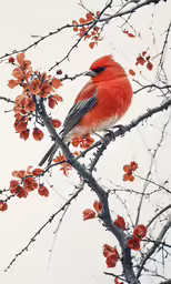 a small bird sitting in a tree by some flowers