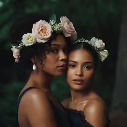 two beautiful women standing in the forest