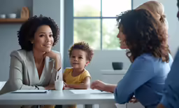 a couple of women and a baby are sitting at the table