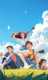 two young people sitting in the grass and one playing a guitar