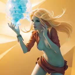 a painting of a woman in an orange dress is blowing blue smoke