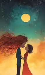 a couple kissing under the moonlight sky with stars