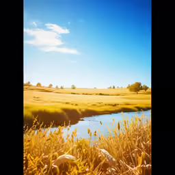 the field is full of yellow plants and water