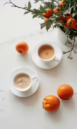 a cup filled with liquid and three oranges