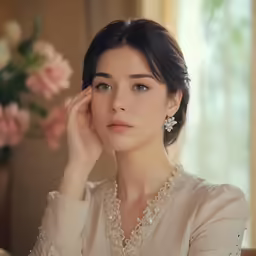 a beautiful young lady sitting down in front of a vase of flowers