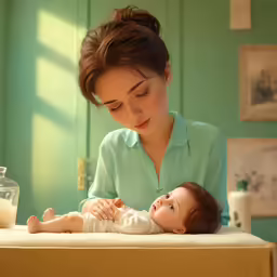 a woman with a baby in her arms with an empty bottle behind her