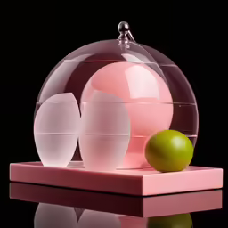 a glass dish has two white and one green