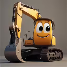 an excavator with eyes designed like an orange smiling face