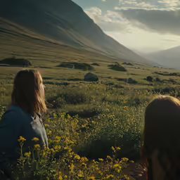 some people in a field with yellow flowers