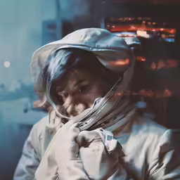 a woman that is wearing a white coat