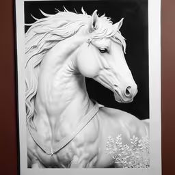 a drawing of a white horse that is on display