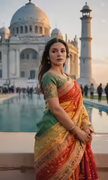 a woman in a colorful sari is by a fountain