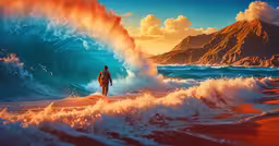 there is a man walking along the beach toward the wave,a painting of a surfer on a wave with mountains and a blue ocean