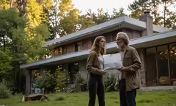 two people standing outside in front of a house