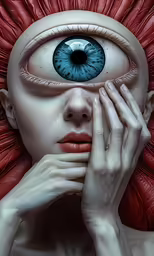 a woman with large eyes, red cheeks and long nails holds her hands up near her face