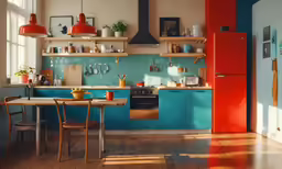 a kitchen with bright blue cabinets and wood flooring